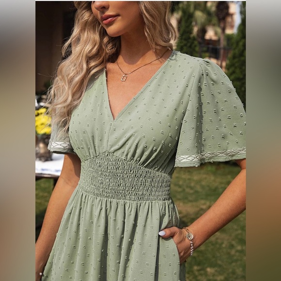 Simplee Women's Casual Floral Chiffon Midi Dress V Neck Empire Waist - Picture 5 of 9